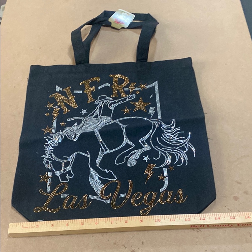 Rodeo Quincy Las Vegas Black Tote Bag with Silver and Gold Design; New